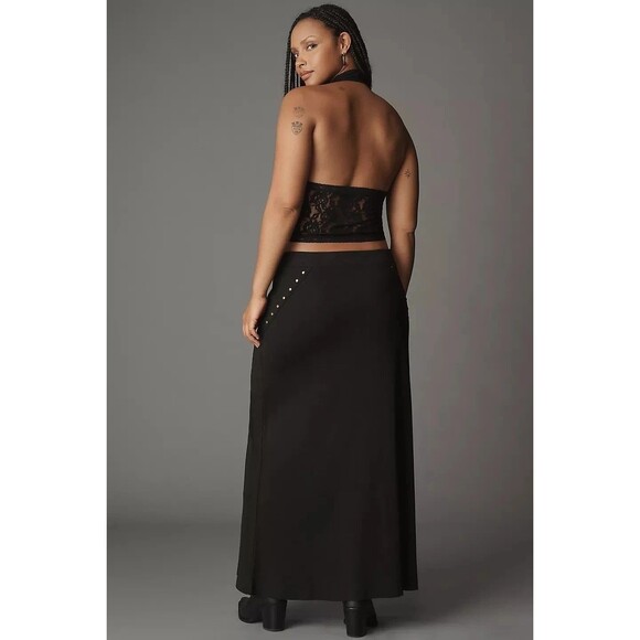 By Anthropologie Hardware Side-Slit Column Midi Skirt Studded Black MP 283845 - Picture 3 of 7